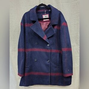 Tommy Hilfiger Women's Navy and Burgundy Plaid Wool Pea Coat Size XL